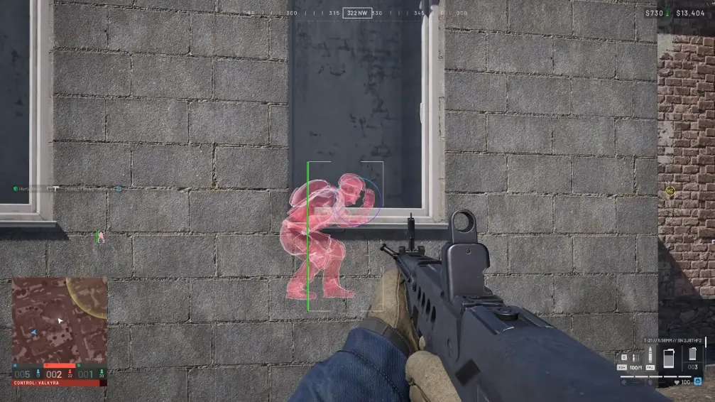 Rifle view at a brick wall with a pink player outline and green box visible through the opening.