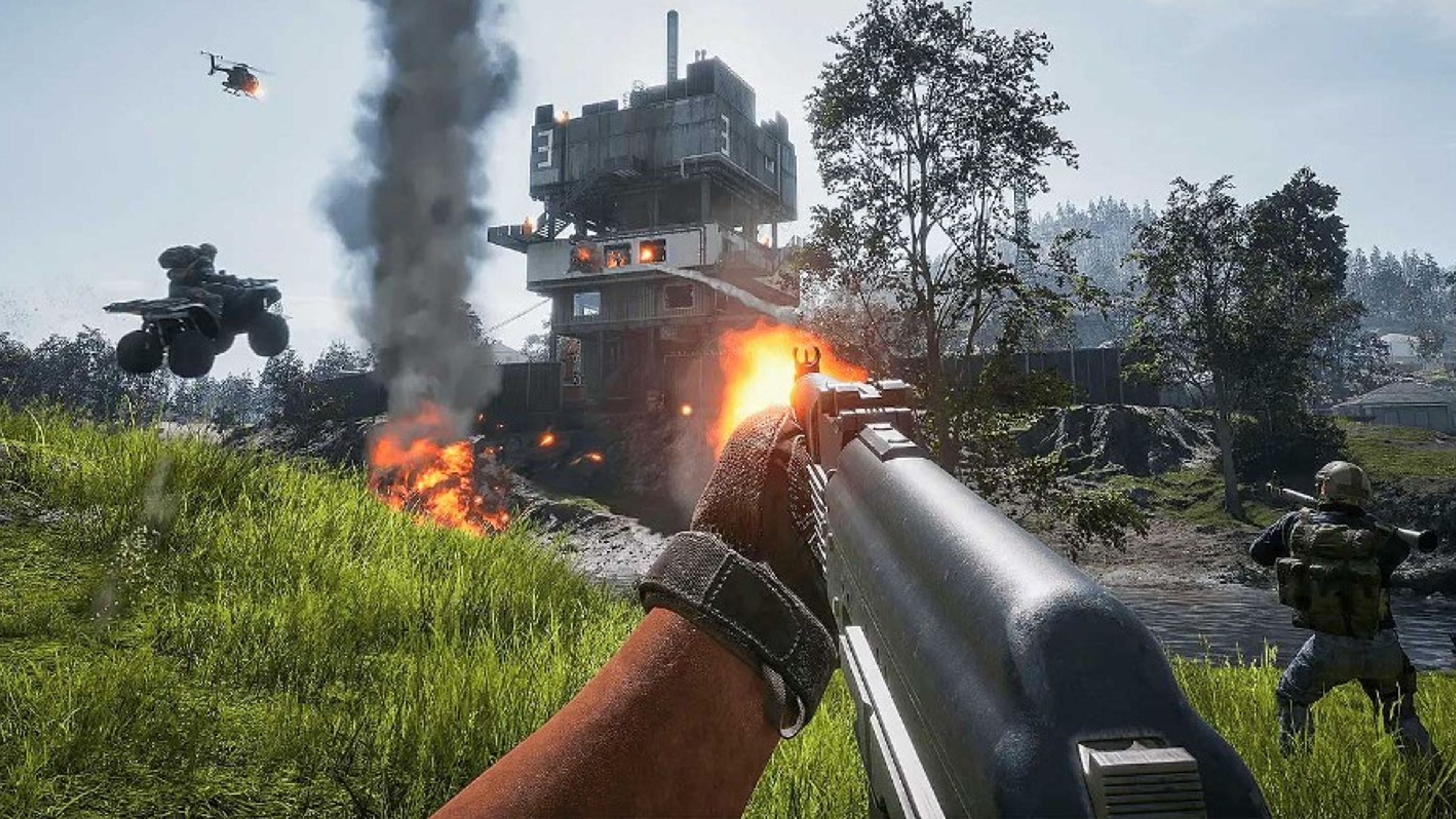 First-person rifle fire toward a concrete tower during a grassy battlefield firefight with smoke, vehicles, and infantry.