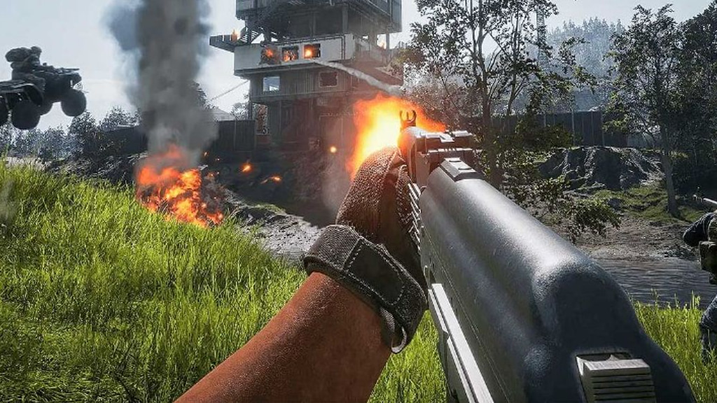 First-person rifle fire toward a concrete tower during a grassy battlefield firefight with smoke, vehicles, and infantry.