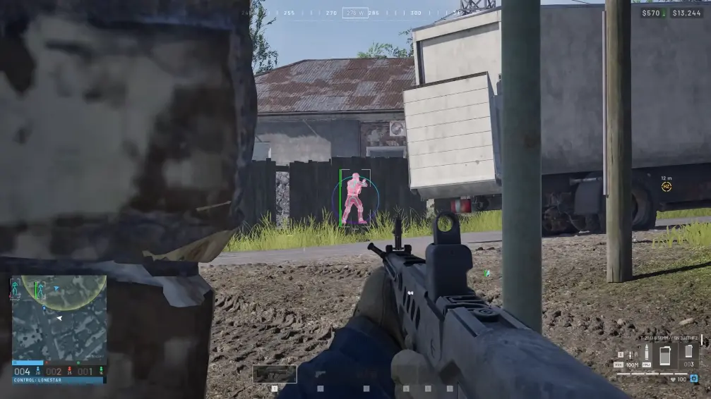 Wooden fence scene with a pink skeleton outline, green box, and blue aim circle on a player.
