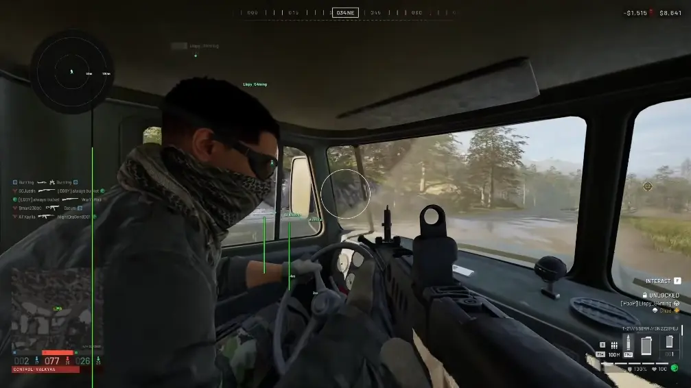 Inside a truck cab with green player name tags through the windshield and a circular radar.